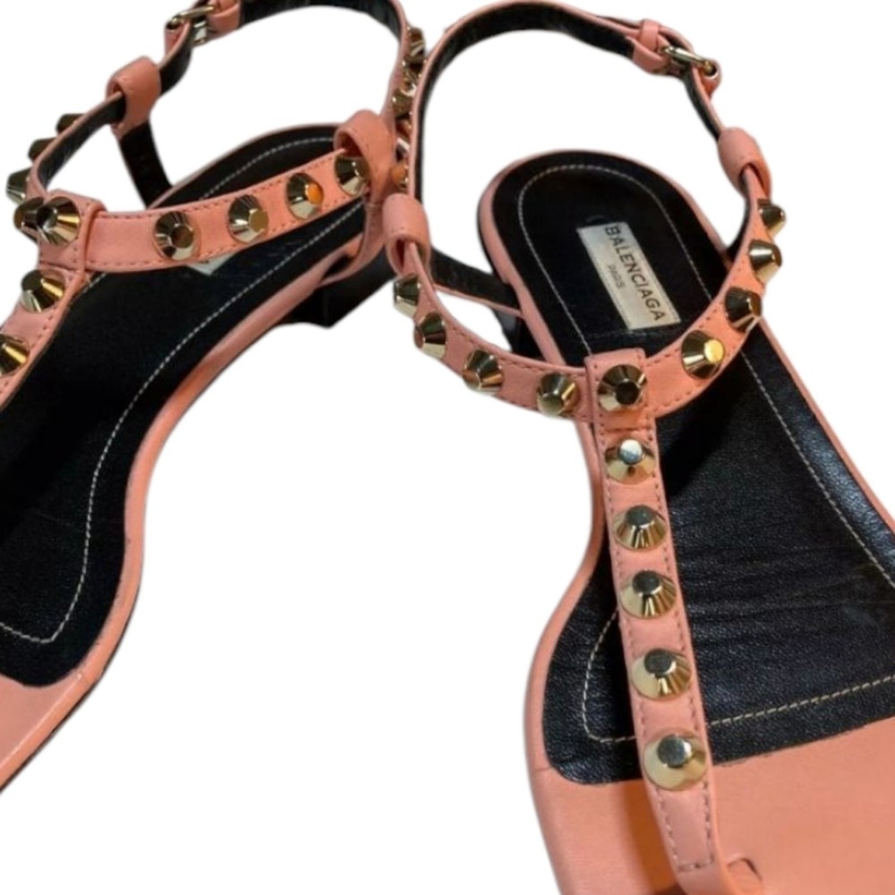 BALENCIAGA PINK leather thong SANDALS 37.5 7 flat slide ROCKSTUD ANKLe star STud - Picture 3 of 16